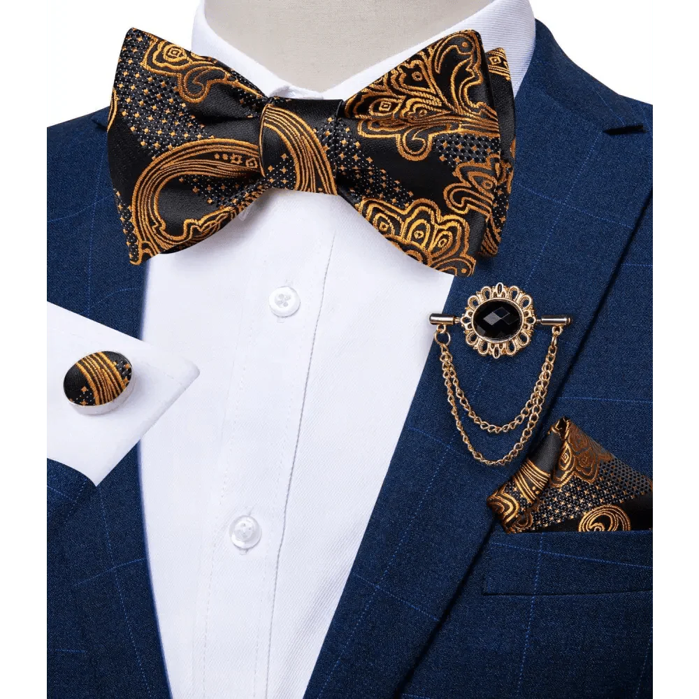 Business Elegant Gold Black Pattern Elegant Wedding Silk Bowtie Men Butterfly Fashion Bow Ties Pocket Square Classic Business Tuxedo Wedding Bowties Handkerchief Set