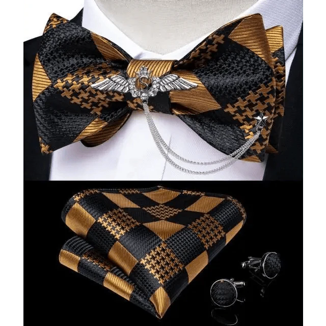 Business Elegant Gold Black Pattern Elegant Wedding Silk Bowtie Men Butterfly Fashion Bow Ties Pocket Square Classic Business Tuxedo Wedding Bowties Handkerchief Set