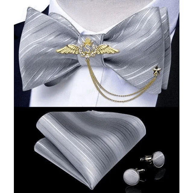 Business Elegant Gold Black Pattern Elegant Wedding Silk Bowtie Men Butterfly Fashion Bow Ties Pocket Square Classic Business Tuxedo Wedding Bowties Handkerchief Set