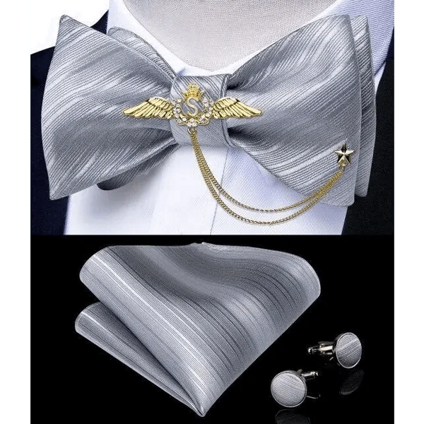 Business Elegant Gold Black Pattern Elegant Wedding Silk Bowtie Men Butterfly Fashion Bow Ties Pocket Square Classic Business Tuxedo Wedding Bowties Handkerchief Set