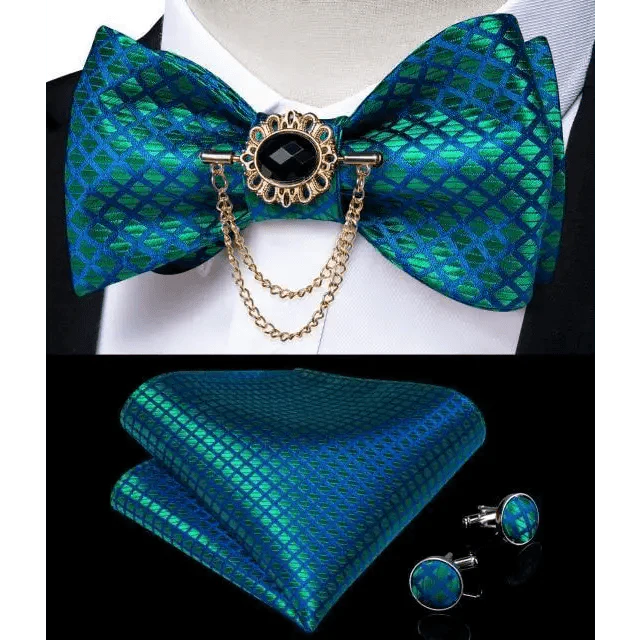 Business Elegant Gold Black Pattern Elegant Wedding Silk Bowtie Men Butterfly Fashion Bow Ties Pocket Square Classic Business Tuxedo Wedding Bowties Handkerchief Set