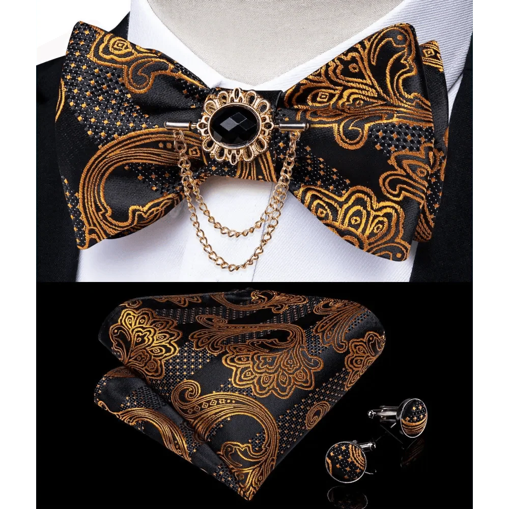 Business Elegant Gold Black Pattern Elegant Wedding Silk Bowtie Men Butterfly Fashion Bow Ties Pocket Square Classic Business Tuxedo Wedding Bowties Handkerchief Set