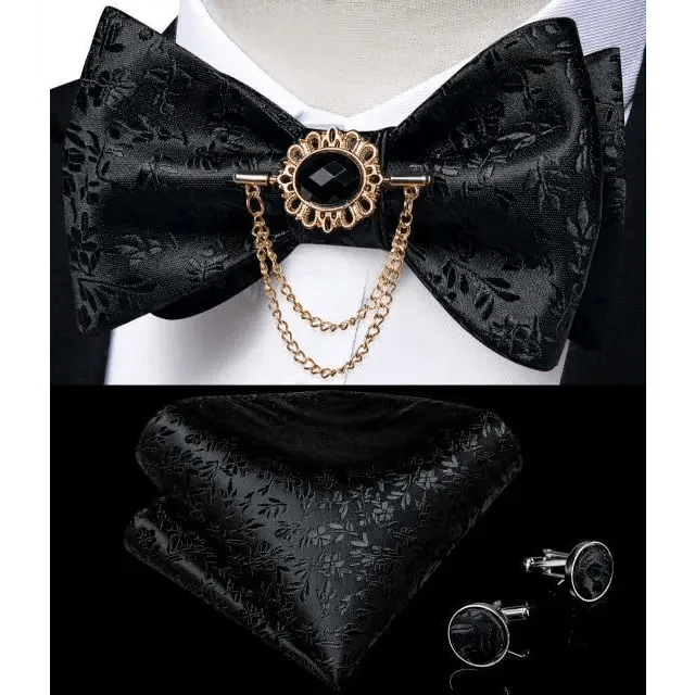 Business Elegant Gold Black Pattern Elegant Wedding Silk Bowtie Men Butterfly Fashion Bow Ties Pocket Square Classic Business Tuxedo Wedding Bowties Handkerchief Set