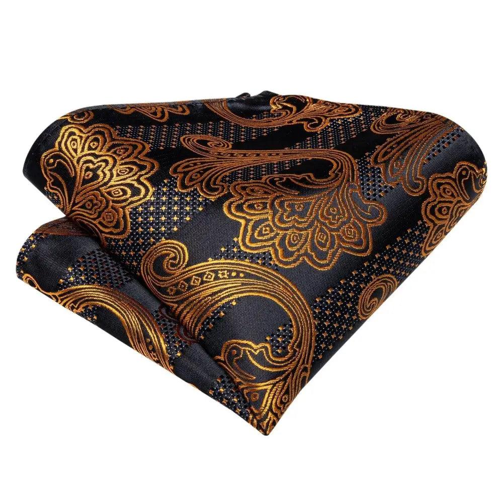 Business Elegant Gold Black Pattern Elegant Wedding Silk Bowtie Men Butterfly Fashion Bow Ties Pocket Square Classic Business Tuxedo Wedding Bowties Handkerchief Set