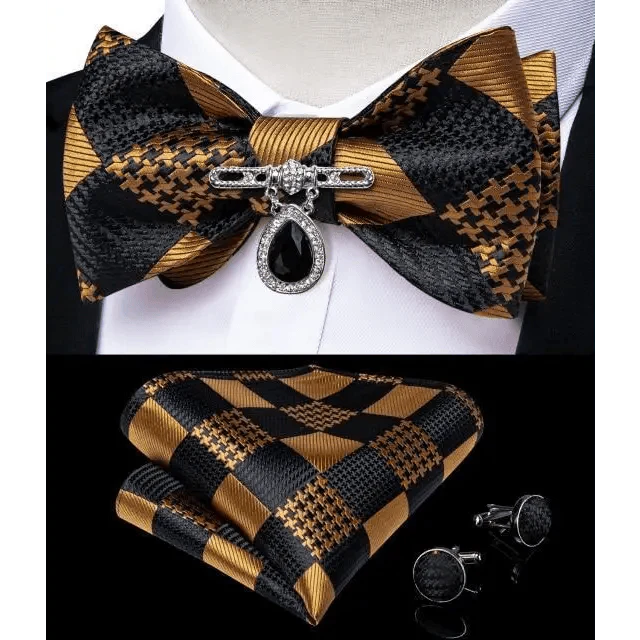 Business Elegant Gold Black Pattern Elegant Wedding Silk Bowtie Men Butterfly Fashion Bow Ties Pocket Square Classic Business Tuxedo Wedding Bowties Handkerchief Set