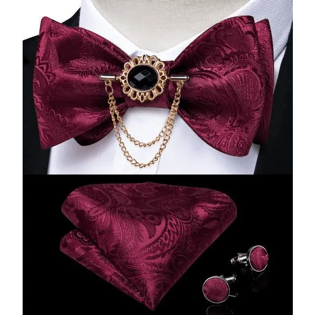 Business Elegant Gold Black Pattern Elegant Wedding Silk Bowtie Men Butterfly Fashion Bow Ties Pocket Square Classic Business Tuxedo Wedding Bowties Handkerchief Set