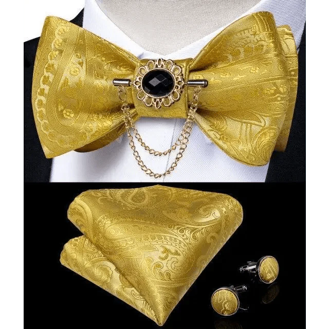 Business Elegant Gold Black Pattern Elegant Wedding Silk Bowtie Men Butterfly Fashion Bow Ties Pocket Square Classic Business Tuxedo Wedding Bowties Handkerchief Set