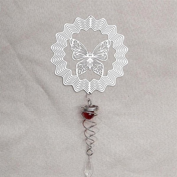 Butterfly Wind Spinner Hanging With Gazing Ball Spiral Tail 3D Metal Rotating Outdoor Stainless Steel Butterfly Metal Wind Chime Christmas Pendant Hanging Spiral Wind-chimes Garden Yard Home Decor