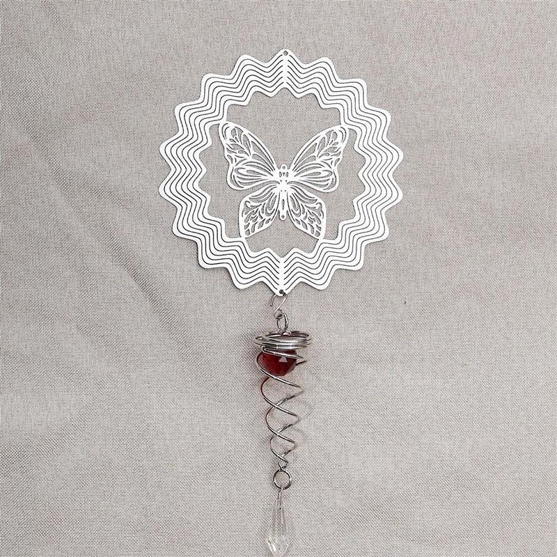 Butterfly Wind Spinner Hanging With Gazing Ball Spiral Tail 3D Metal Rotating Outdoor Stainless Steel Butterfly Metal Wind Chime Christmas Pendant Hanging Spiral Wind-chimes Garden Yard Home Decor