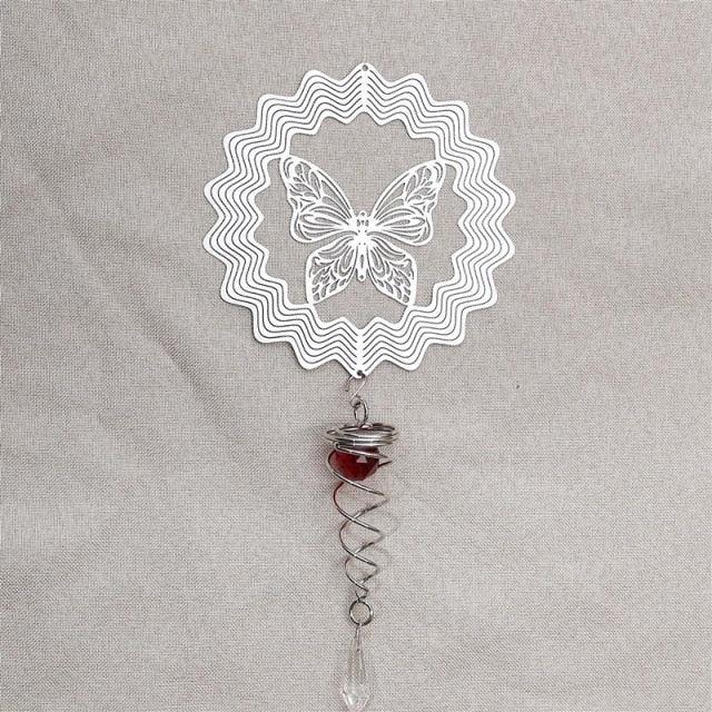 Butterfly Wind Spinner Hanging With Gazing Ball Spiral Tail 3D Metal Rotating Outdoor Stainless Steel Butterfly Metal Wind Chime Christmas Pendant Hanging Spiral Wind-chimes Garden Yard Home Decor