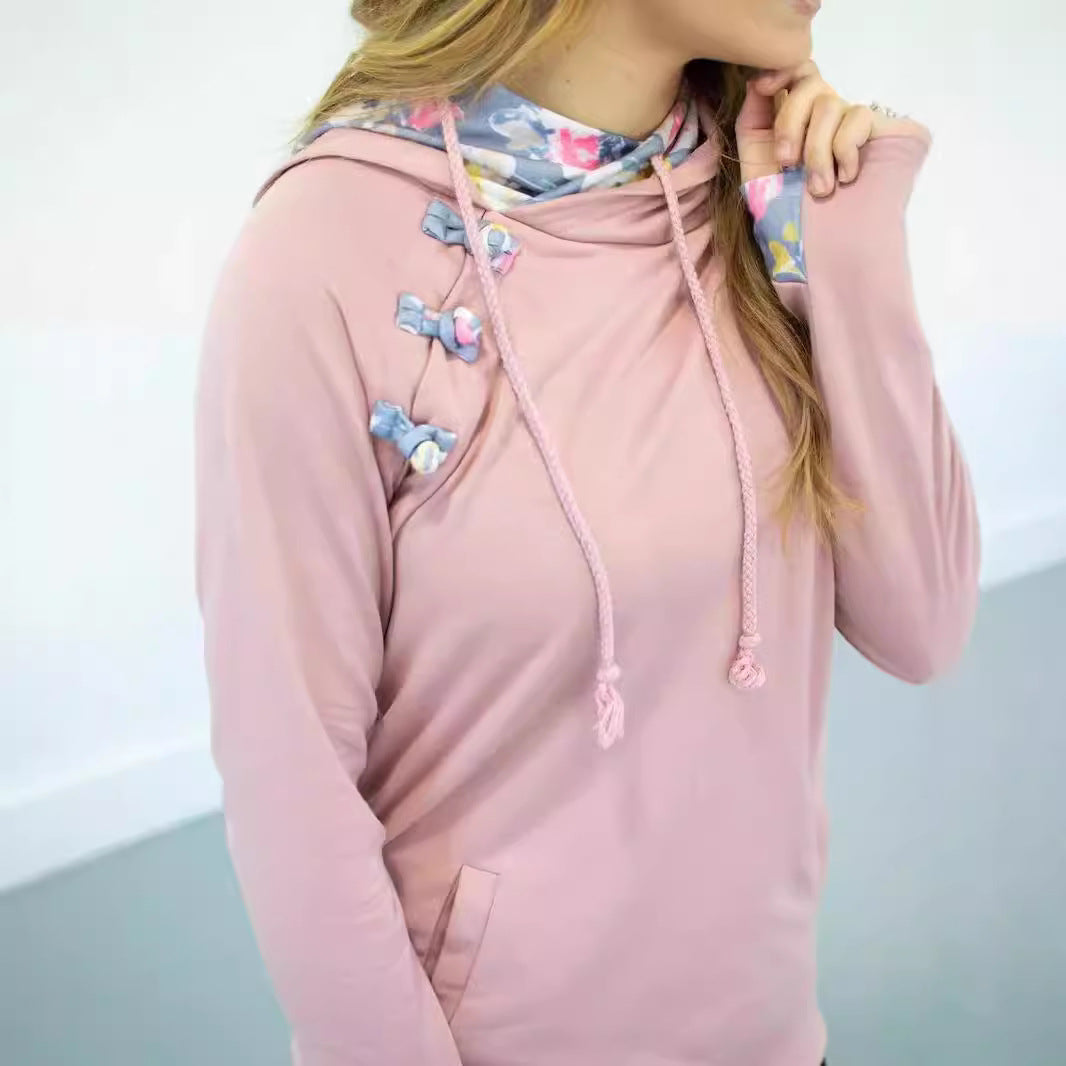 Button printed hooded women's hoodie