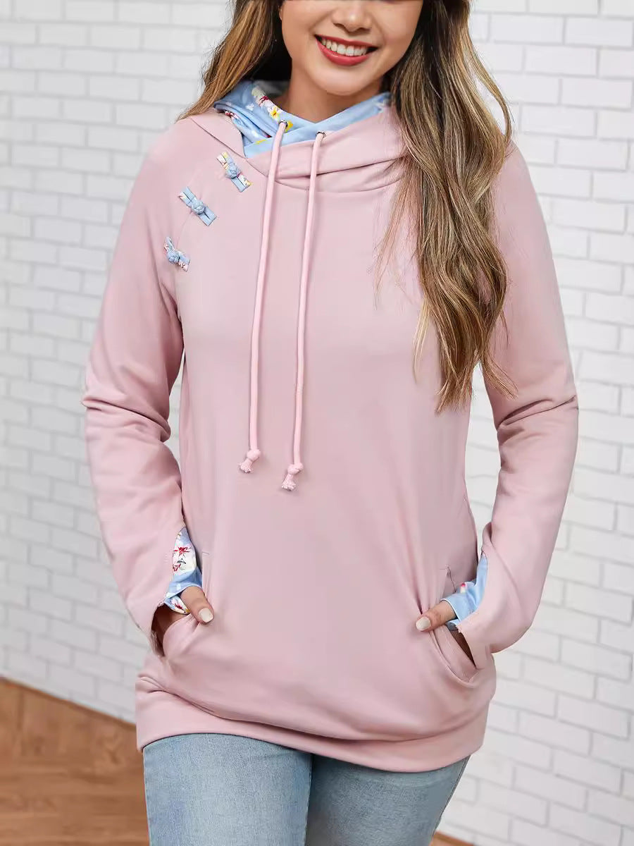 Button printed hooded women's hoodie