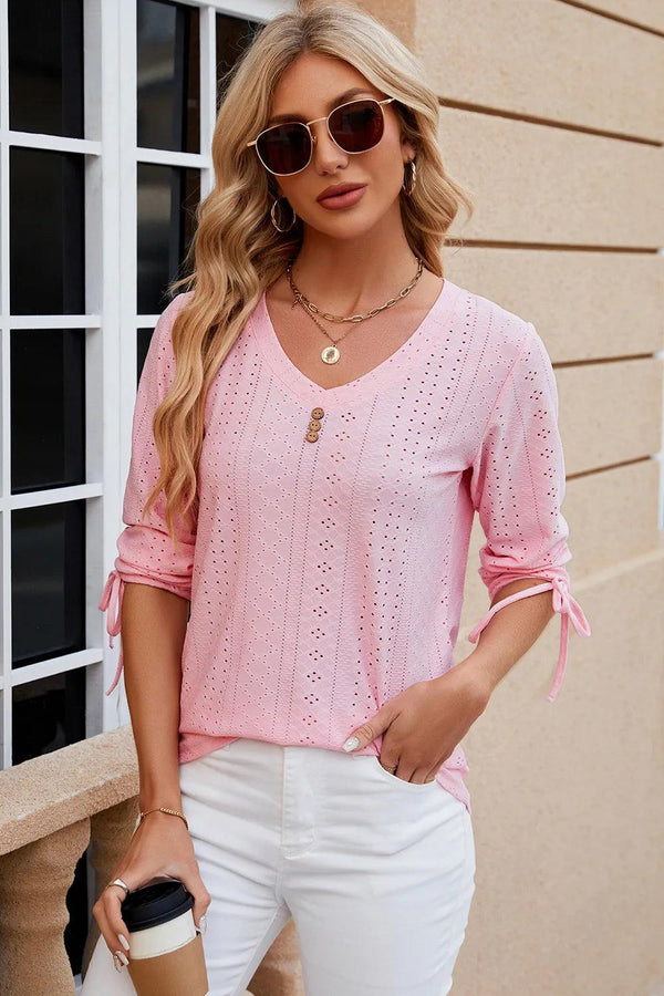 Button V-neck solid color mid sleeve loose T-shirt top for women's wear