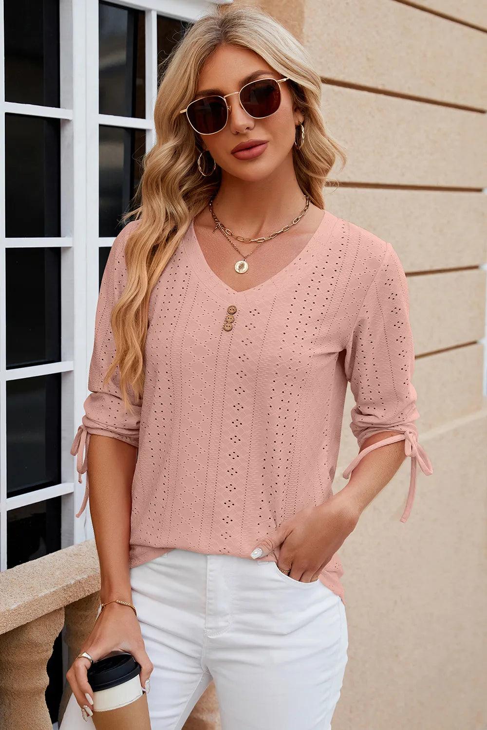 Button V-neck solid color mid sleeve loose T-shirt top for women's wear