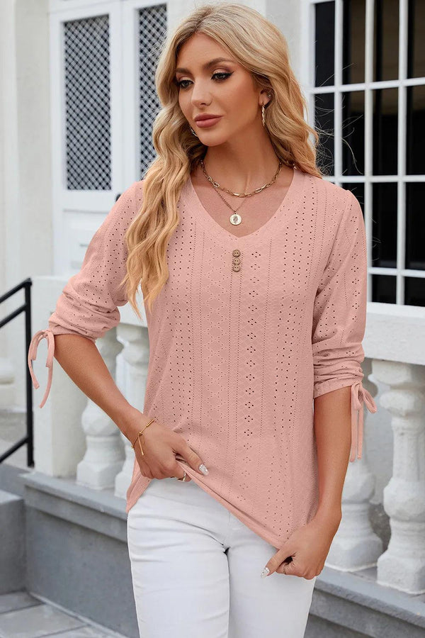 Button V-neck solid color mid sleeve loose T-shirt top for women's wear