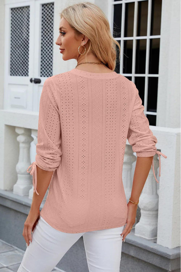 Button V-neck solid color mid sleeve loose T-shirt top for women's wear