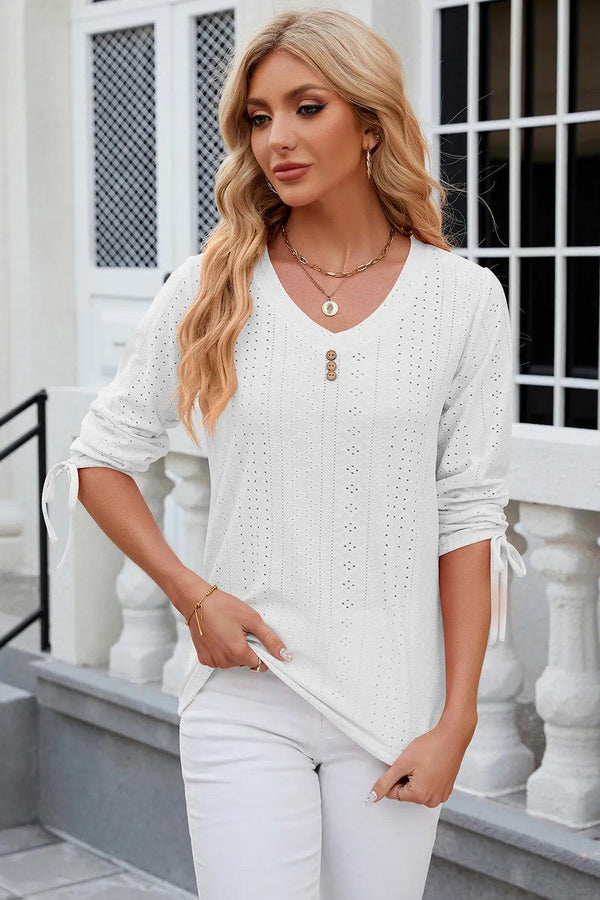 Button V-neck solid color mid sleeve loose T-shirt top for women's wear