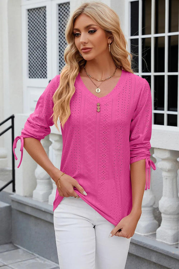 Button V-neck solid color mid sleeve loose T-shirt top for women's wear