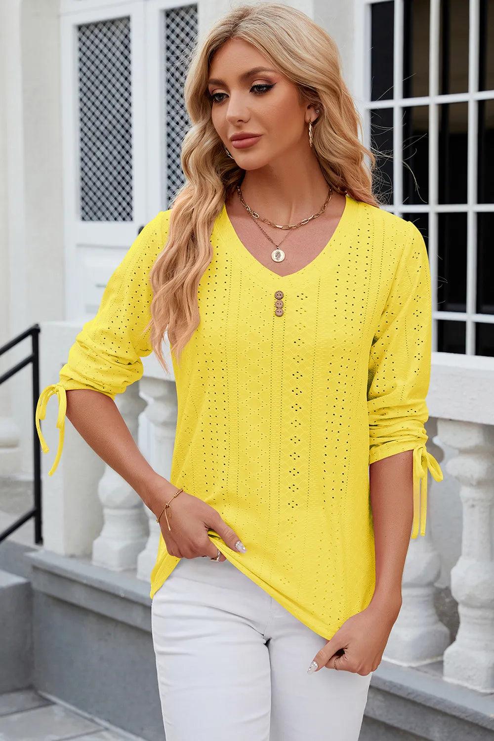 Button V-neck solid color mid sleeve loose T-shirt top for women's wear