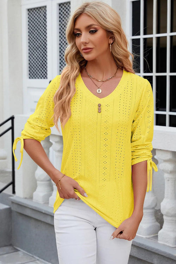 Button V-neck solid color mid sleeve loose T-shirt top for women's wear