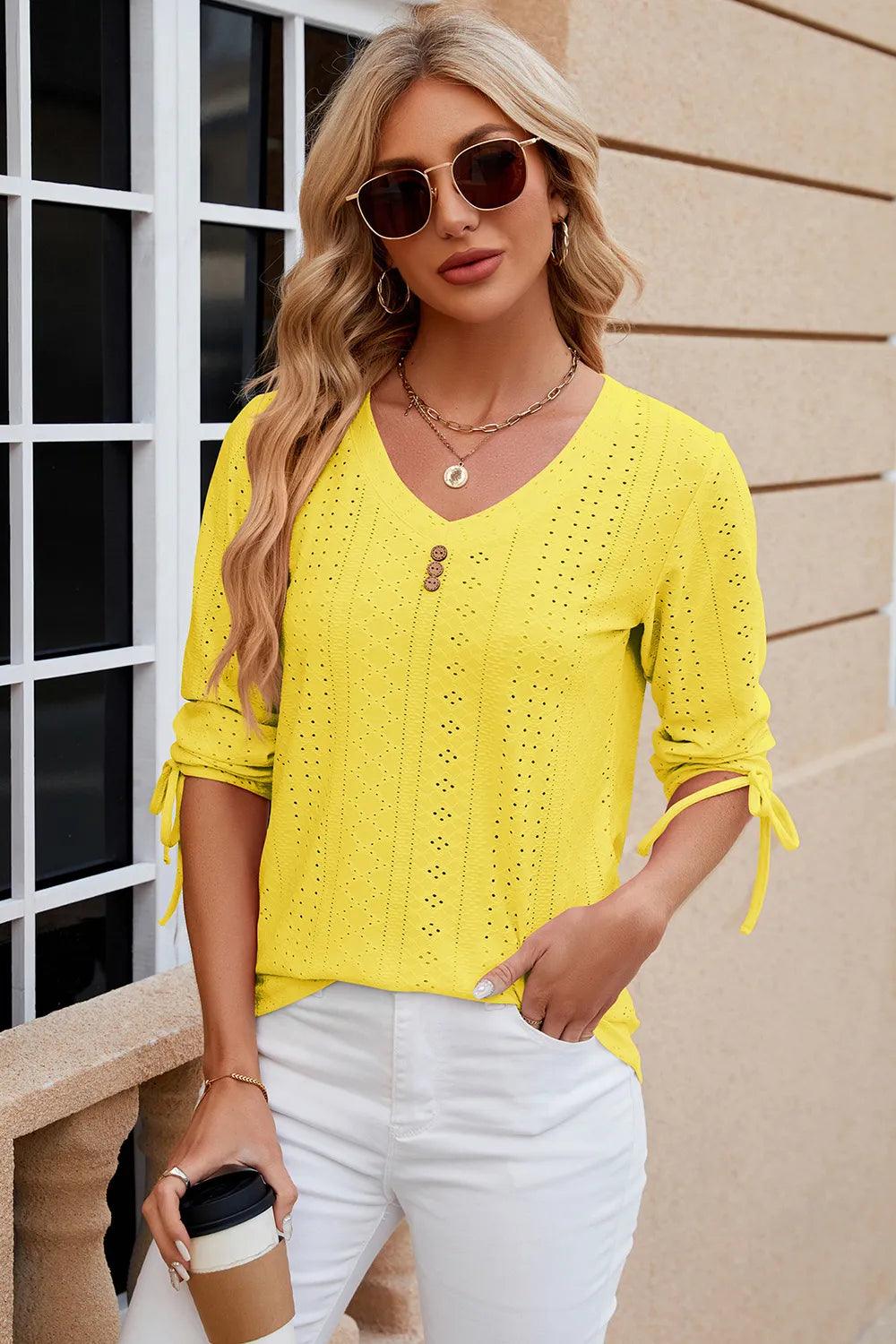 Button V-neck solid color mid sleeve loose T-shirt top for women's wear