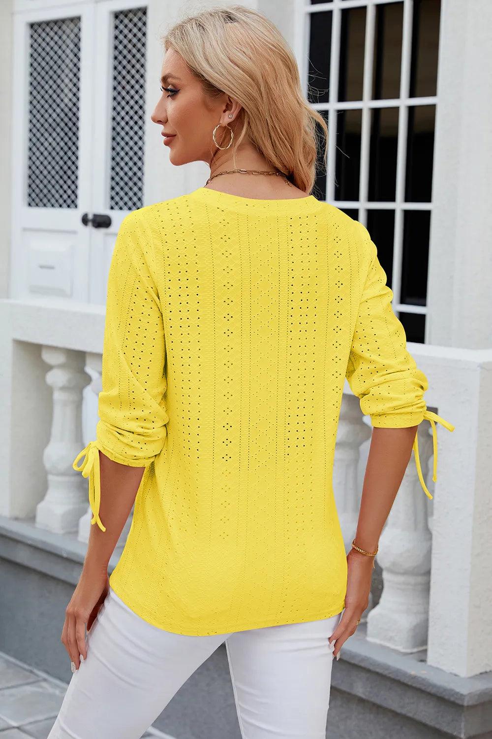 Button V-neck solid color mid sleeve loose T-shirt top for women's wear