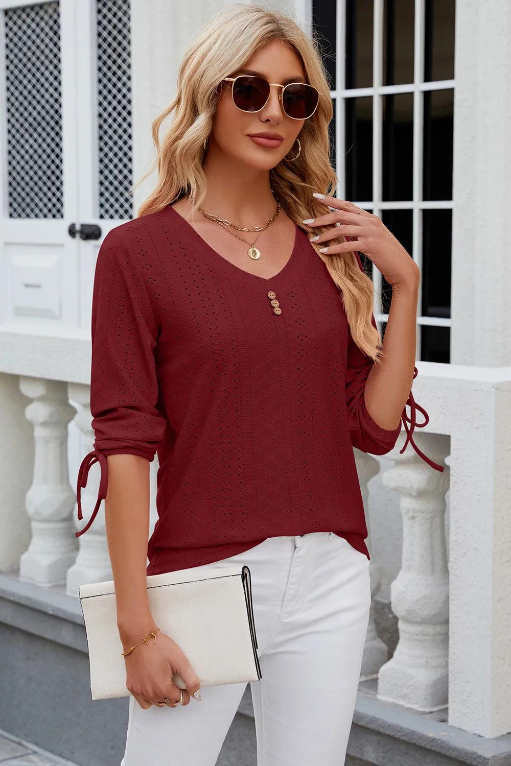 Button V-neck solid color mid sleeve loose T-shirt top for women's wear
