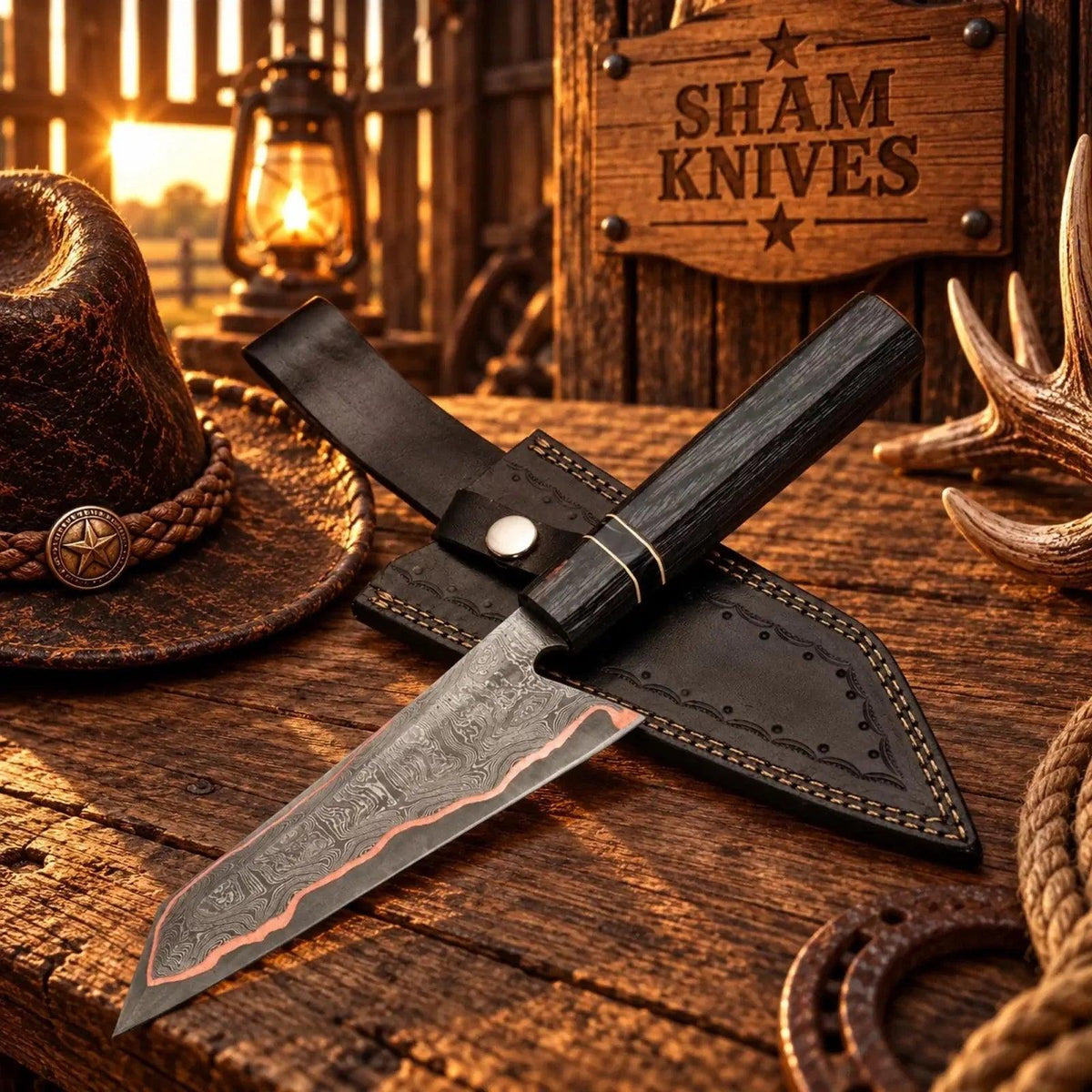 Buy Kiritsuke Style Copper Damascus Chef Knife – Pakka Wood Handle