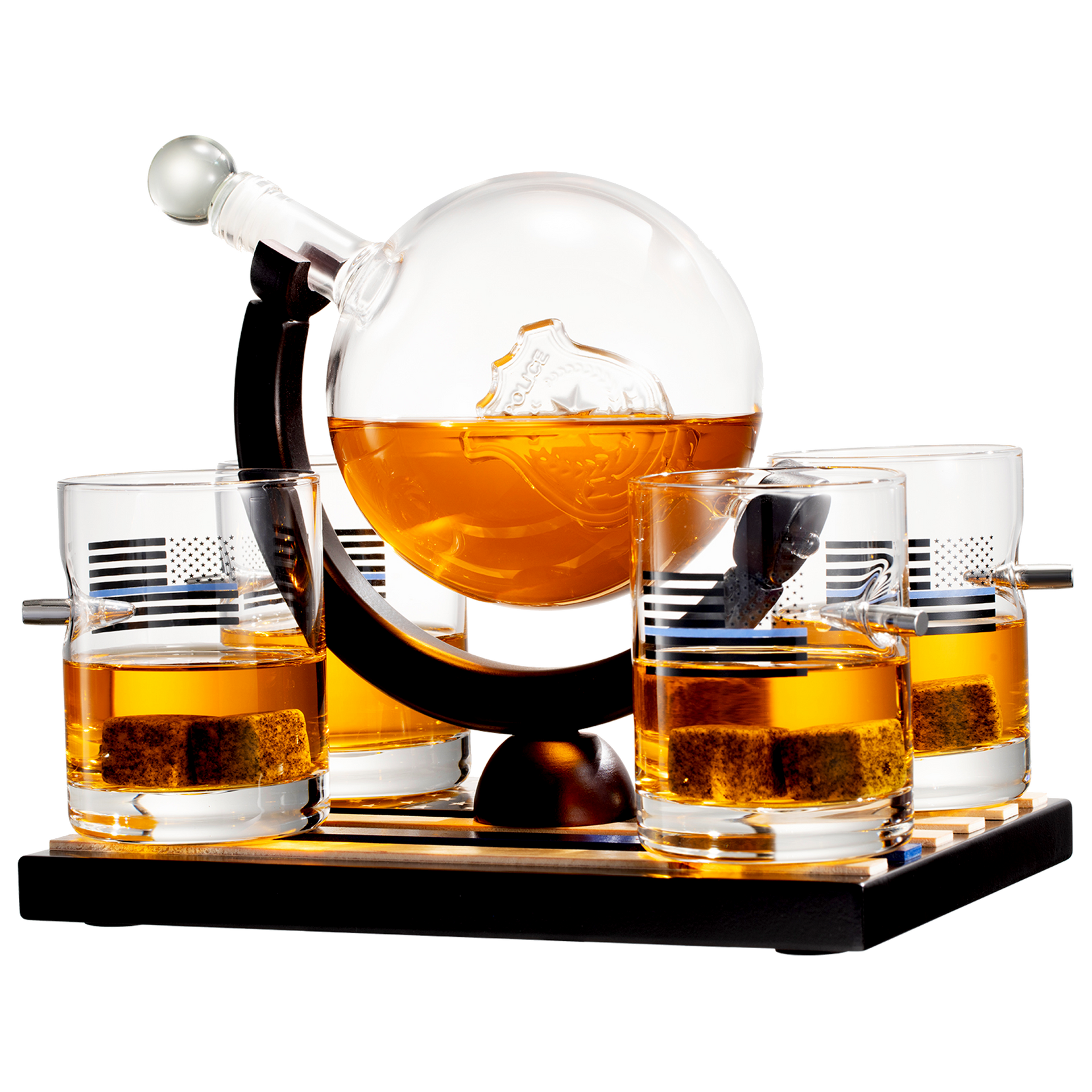 Police Officers Decanter - Whiskey and Wine Set 850ml & Four 10oz Glasses, Thin Blue Line Flag Base - Law Enforcement Gifts, Police & Police Academy, Gift Set First Responders! Gifts for Dad