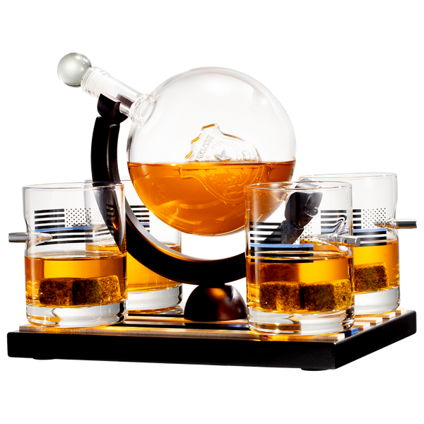 Police Officers Decanter - Whiskey and Wine Set 850ml & Four 10oz Glasses, Thin Blue Line Flag Base - Law Enforcement Gifts, Police & Police Academy, Gift Set First Responders! Gifts for Dad