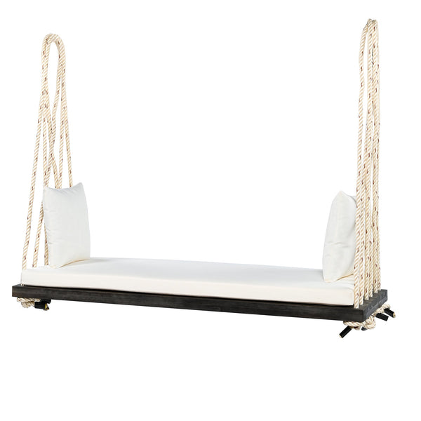 Patio Wooden Swing Chair Hanging Porch Swing Bench with Cushion & Pillows
