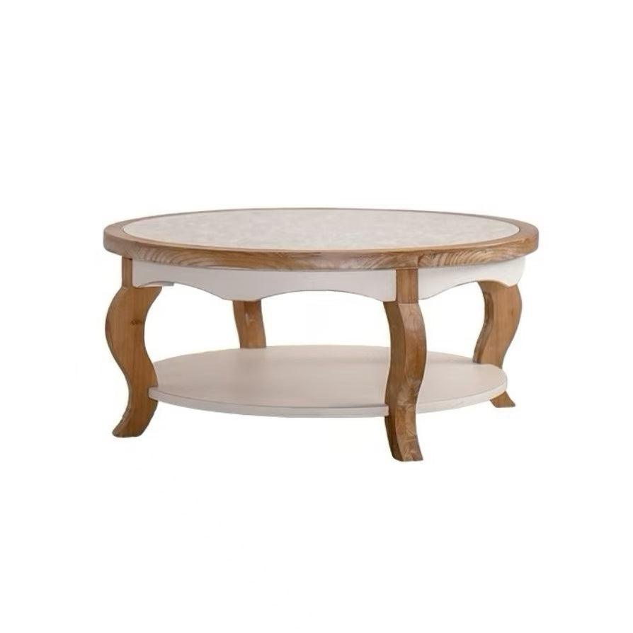 Farmhouse Round Glass Coffee Table with Open Storage Shelf & Antique White Finish
