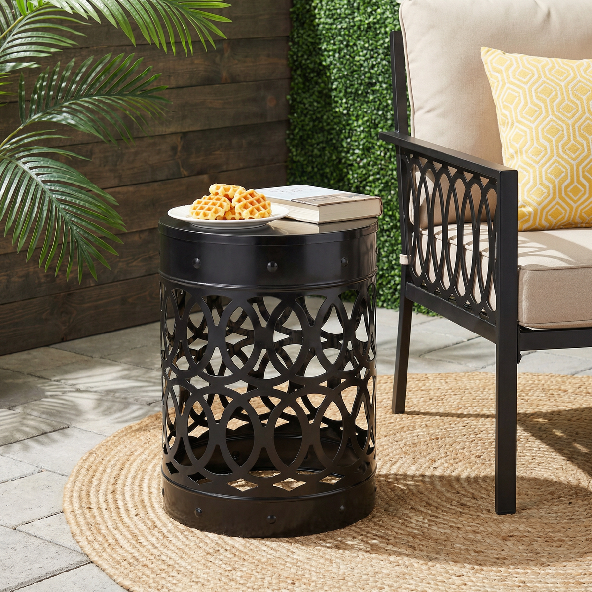 Modern Outdoor Metal End Table with Iron Cut Design