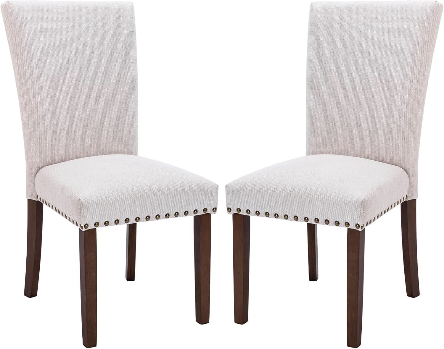 Beige Linen Upholstered High Back Counterheight Chairs
