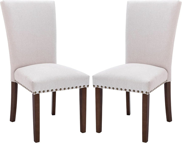Beige Linen Upholstered High Back Counterheight Chairs