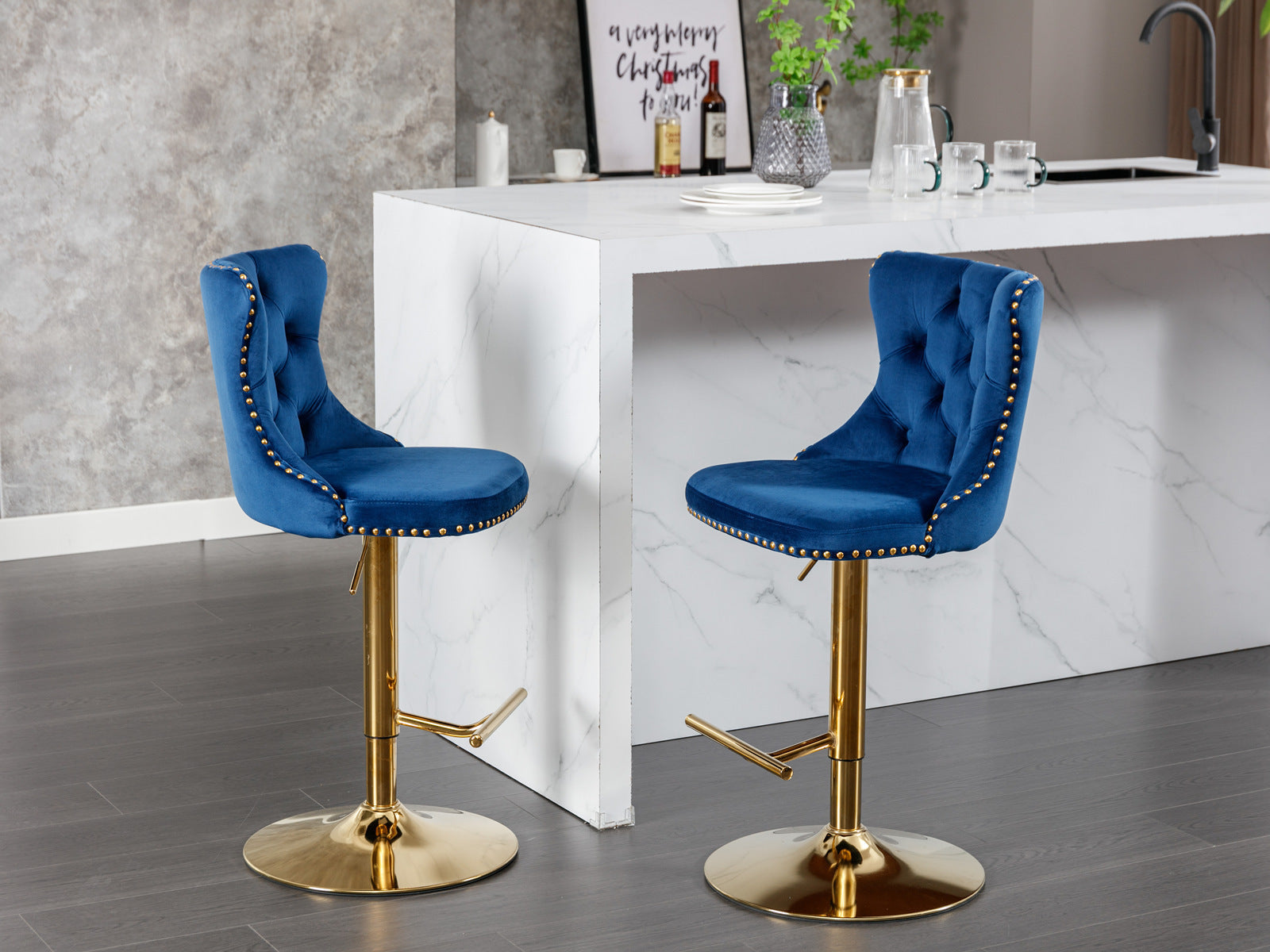 Modern Swivel Velvet Adjustable Height Upholstered Tufted Bar Stools with Backs
