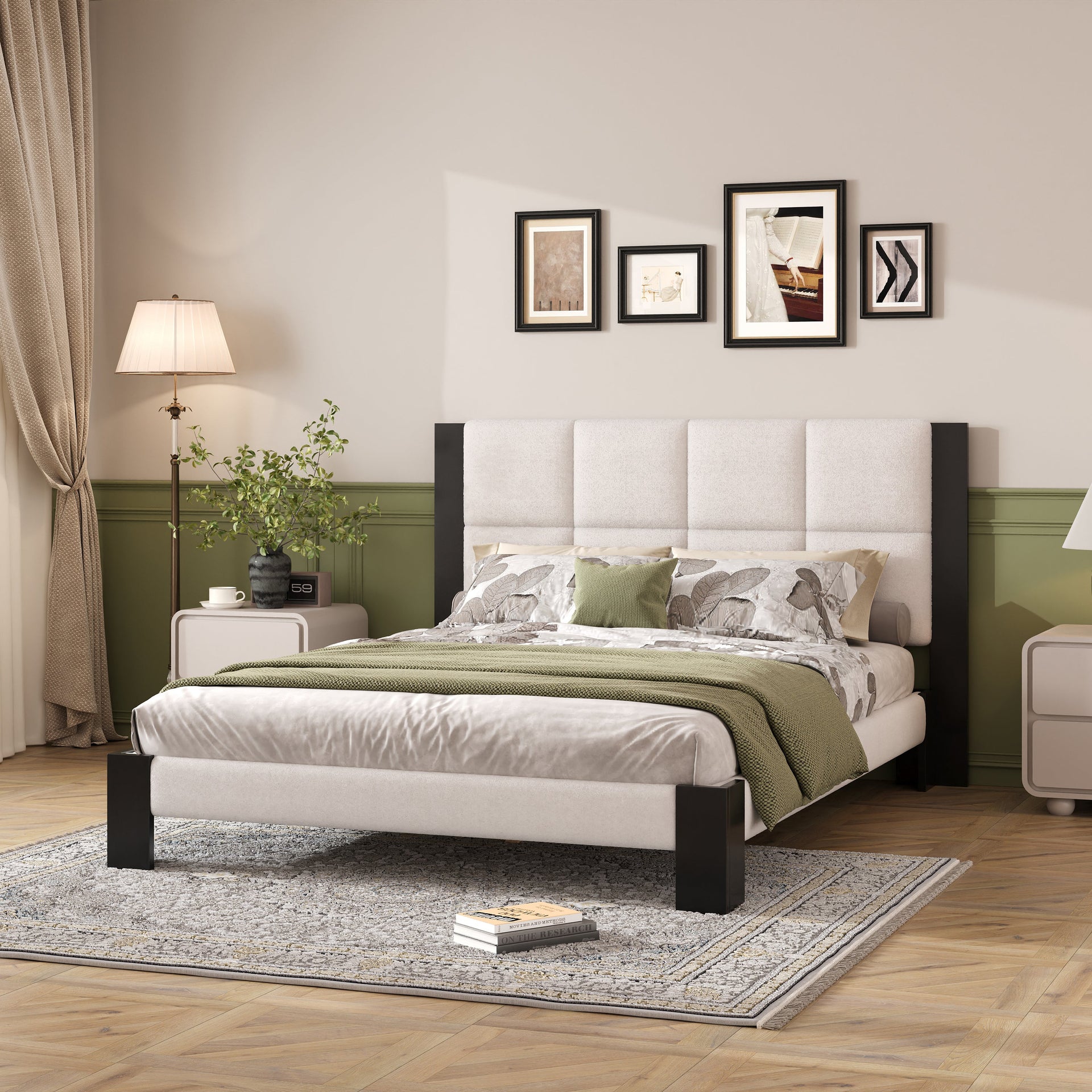 Boucle Queen Bed Frame with Square-Stitched Headboard