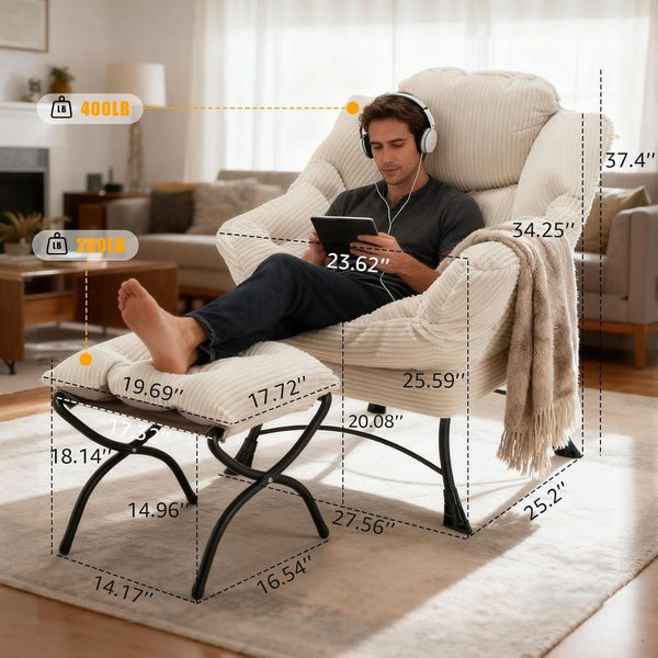 Oversized Corduroy White Reading Chair With Ottoman