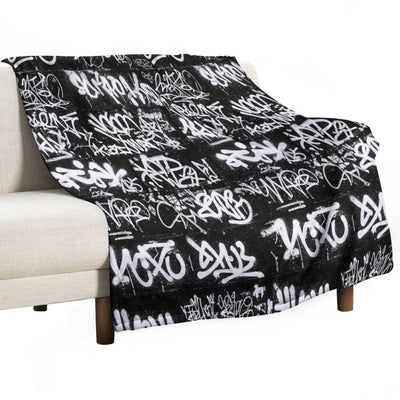White Graffiti Tags on Black Wall Mural Durable Throw Blanket
