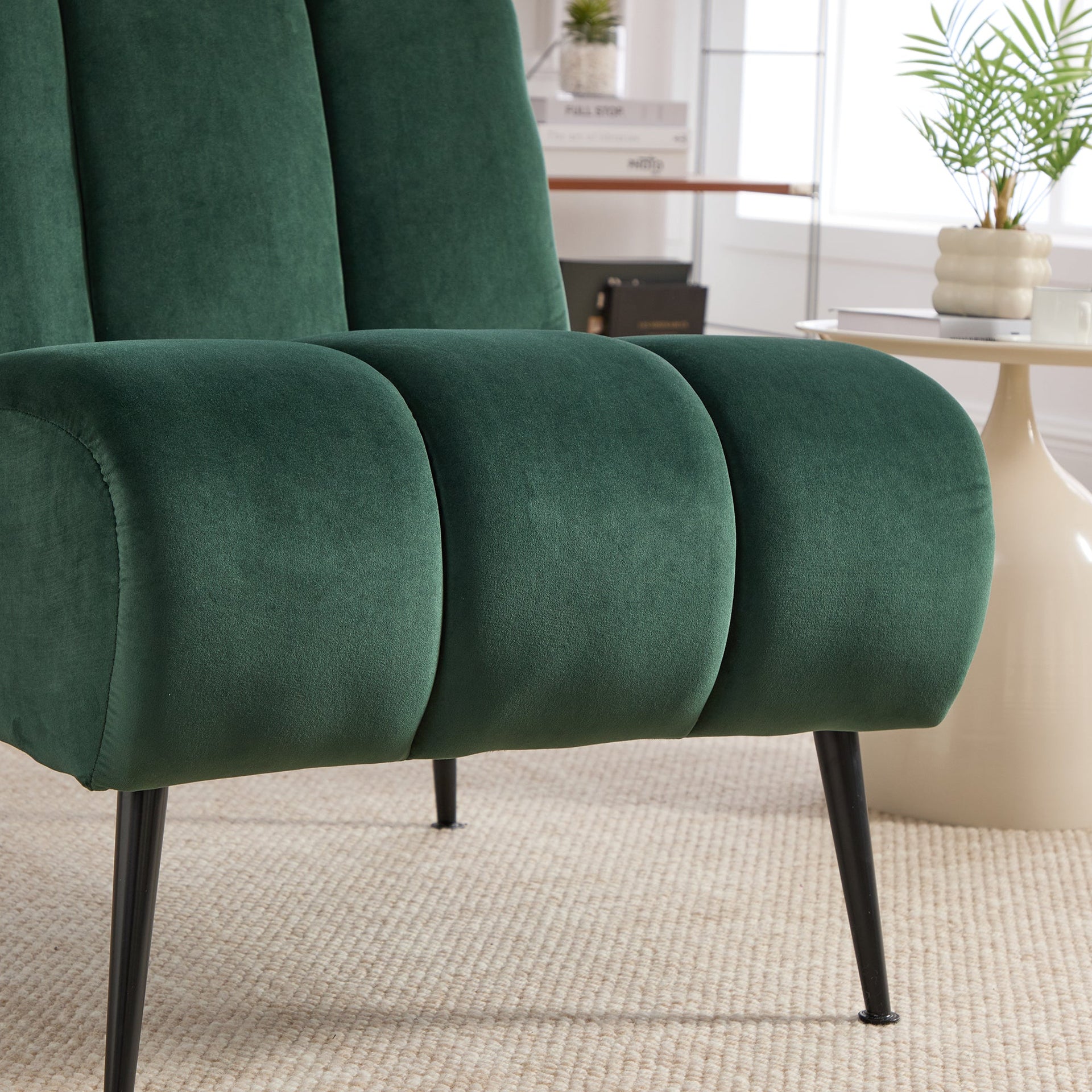 Modern Green Velvet Armless Accent Chair with Black Metal Legs