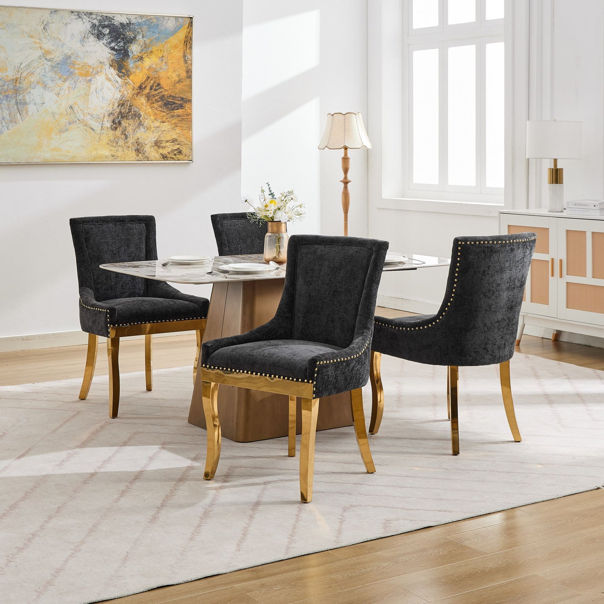 Chenille Dining Chairs Modern Style with Curved Gold-Plated Legs & Rivet Trim