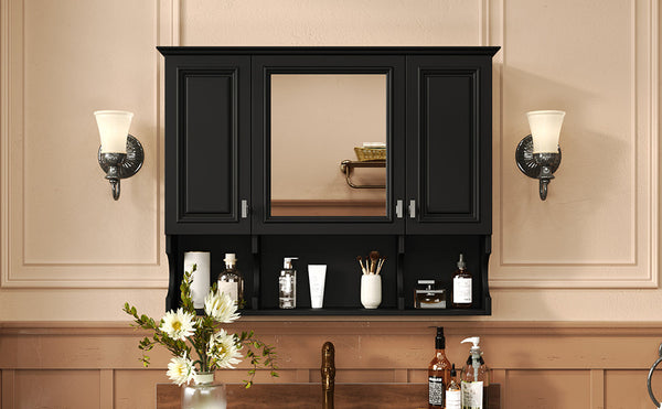 Wall Mounted Bathroom Medicine Cabinet with Mirror and Open Shelves, Modern