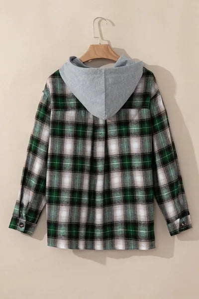 Dark Green Drawstring Pocketed Plaid Hooded Jacket Cozy & Trendy Checkered Outerwear For All Seasons