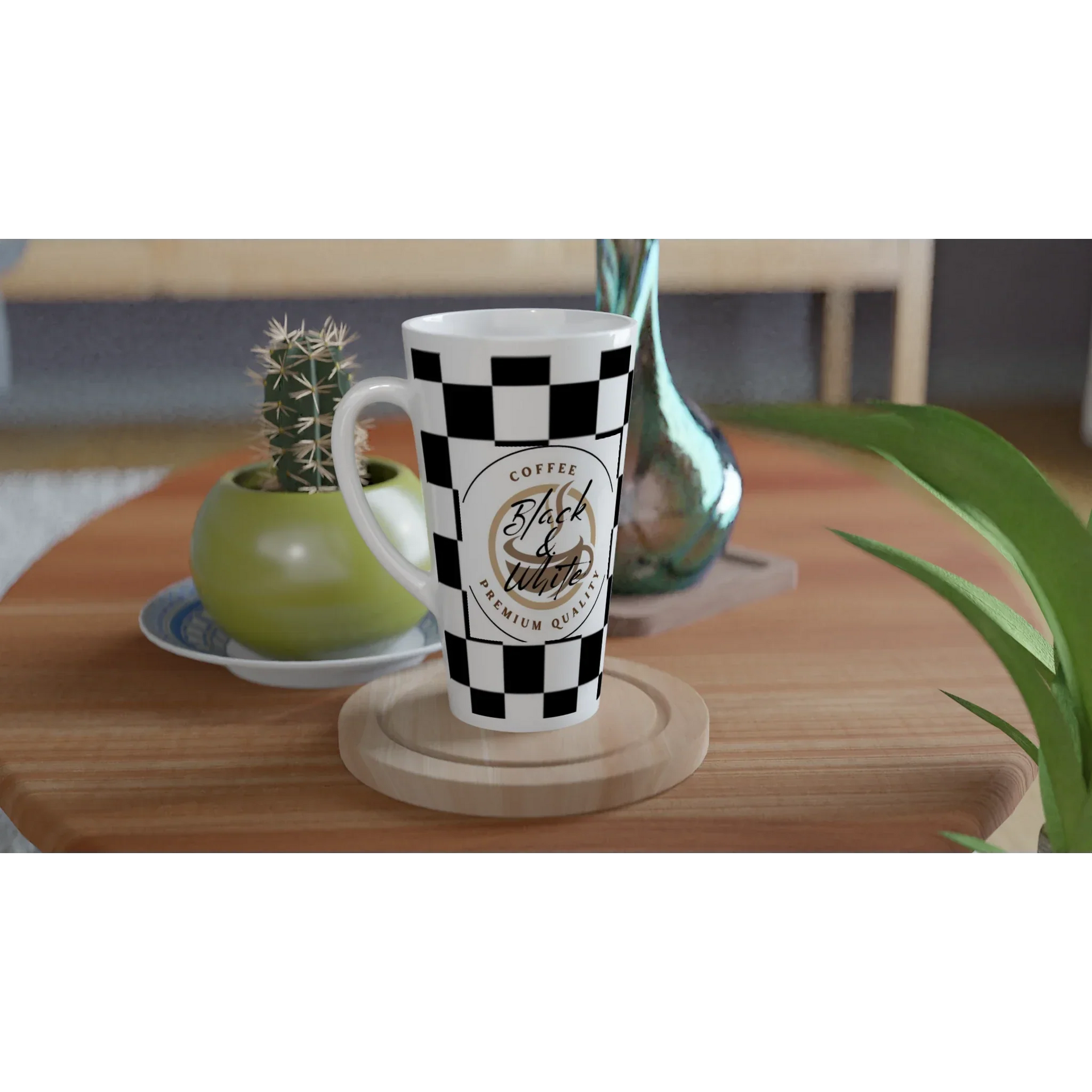 Elegant Black and White Checkered Ceramic Latte Mug - 17oz Coffee Cup