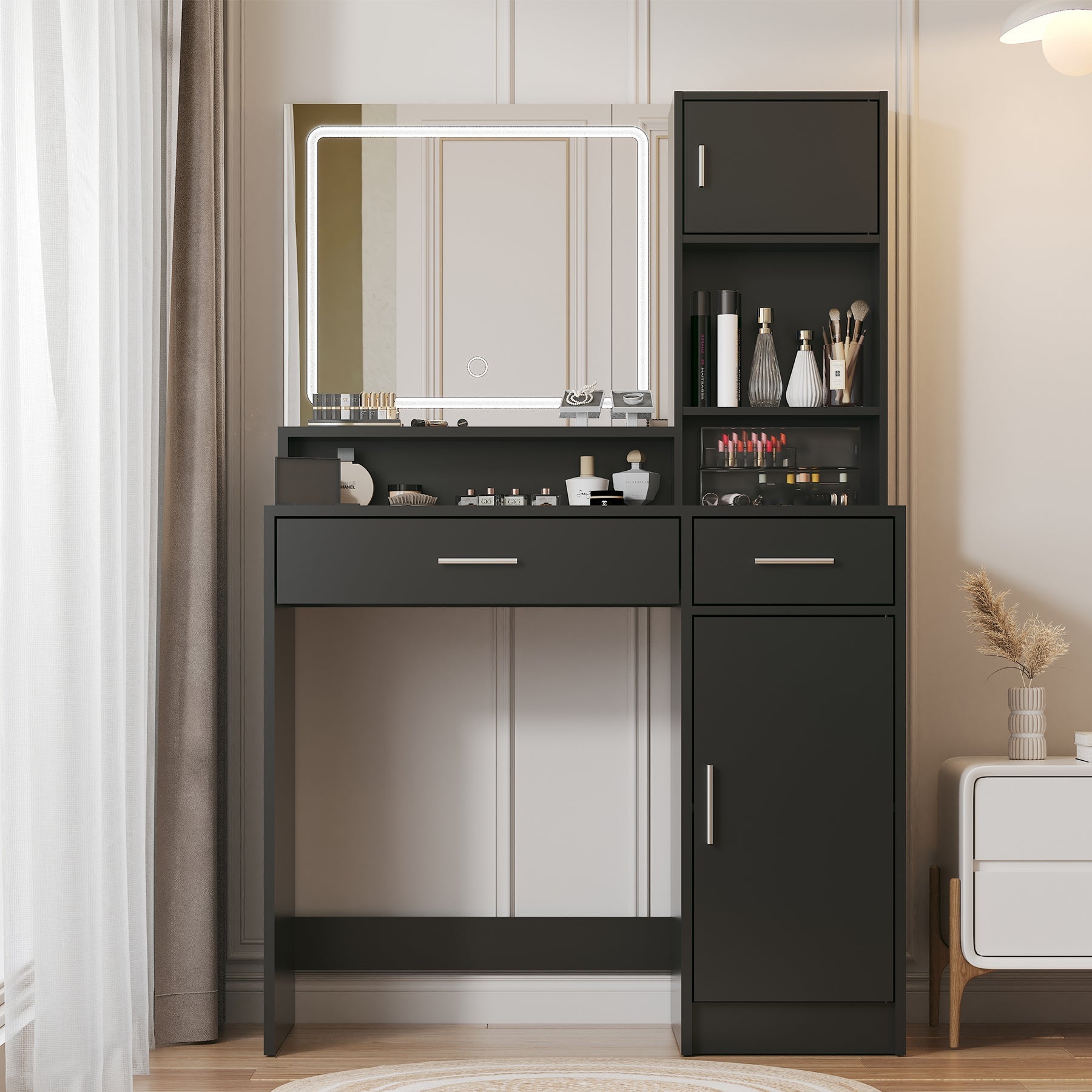 Vanity Desk with Mirror, LED Light Strip, Large Drawer & 3-Level Storage