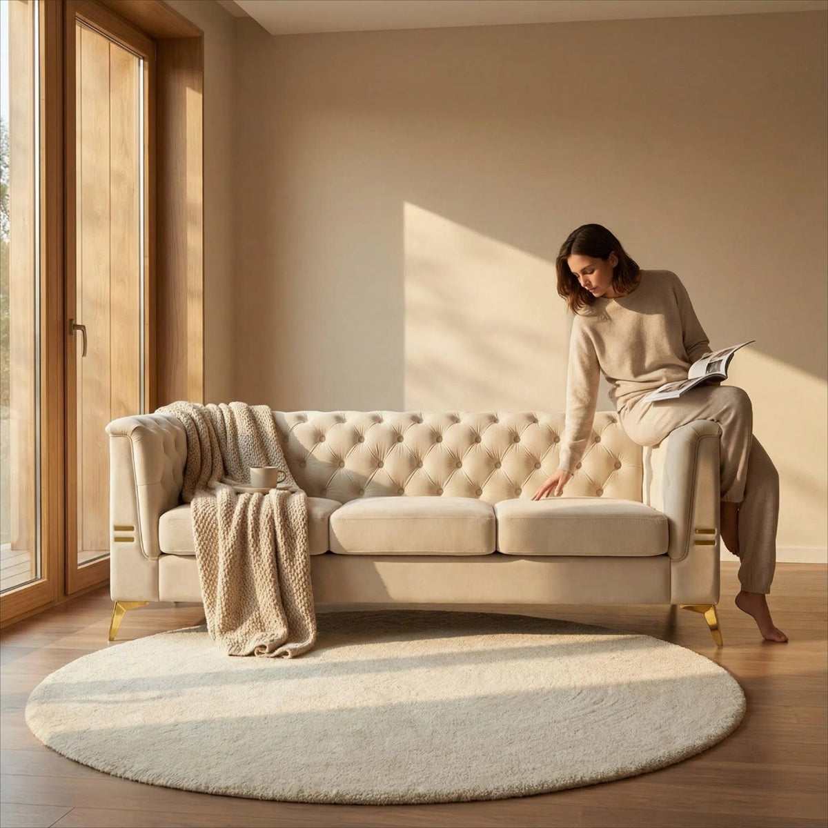 Ivory Velvet 3‑Seat Sofa