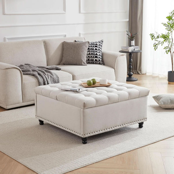 Beige Oversized Storage Ottoman Featuring Lift Top