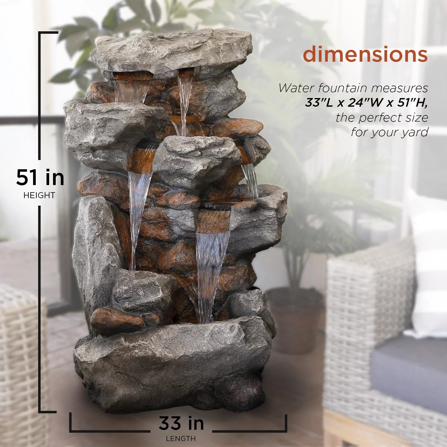 Alpine Corporation 52 in. Tall Outdoor 5-Tier Rainforest Rock Water Fountain with LED Lights