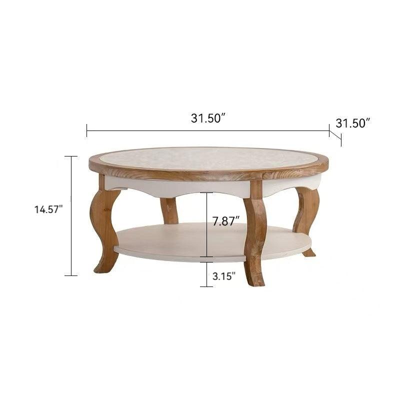 Farmhouse Round Glass Coffee Table with Open Storage Shelf & Antique White Finish