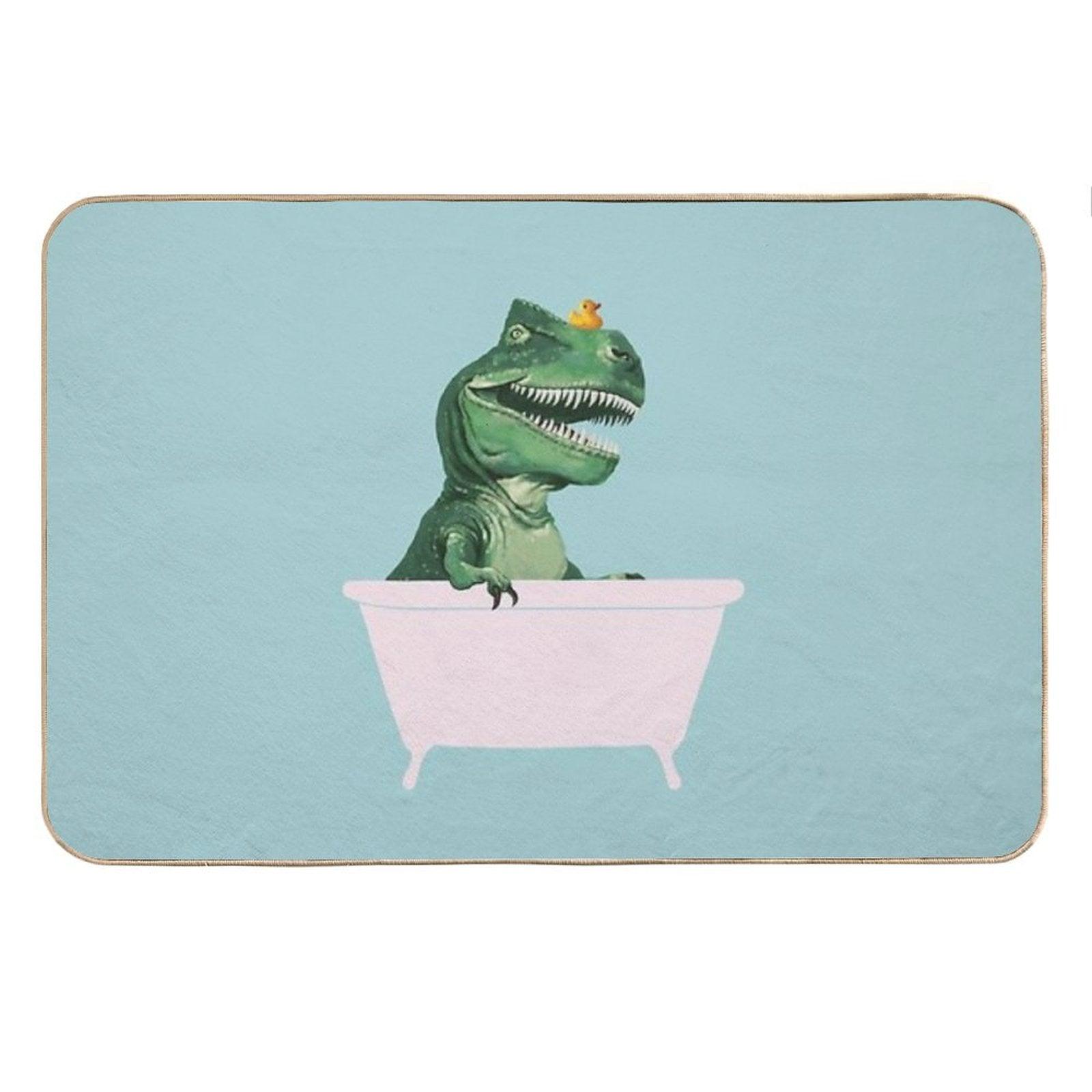 Playful T-Rex in Bathtub in Green Bath Mat